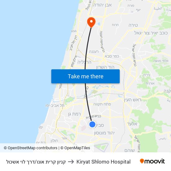 קניון קרית אונו/דרך לוי אשכול to Kiryat Shlomo Hospital map