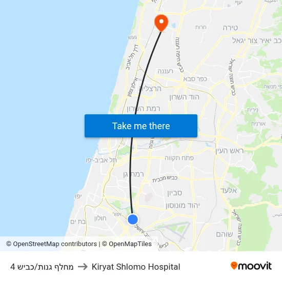 מחלף גנות/כביש 4 to Kiryat Shlomo Hospital map
