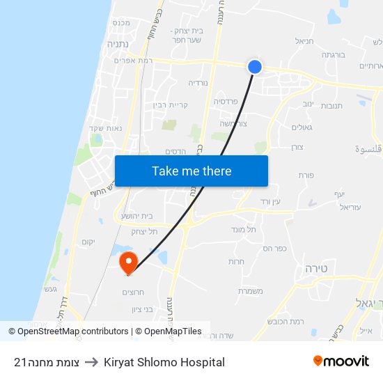 צומת מחנה21 to Kiryat Shlomo Hospital map