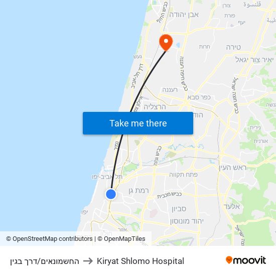 החשמונאים/דרך בגין to Kiryat Shlomo Hospital map