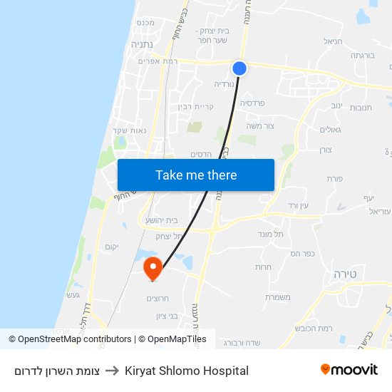 צומת השרון לדרום to Kiryat Shlomo Hospital map