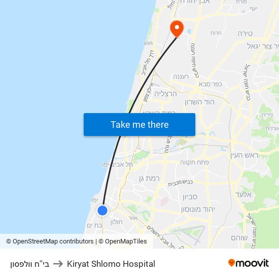 בי''ח וולפסון to Kiryat Shlomo Hospital map