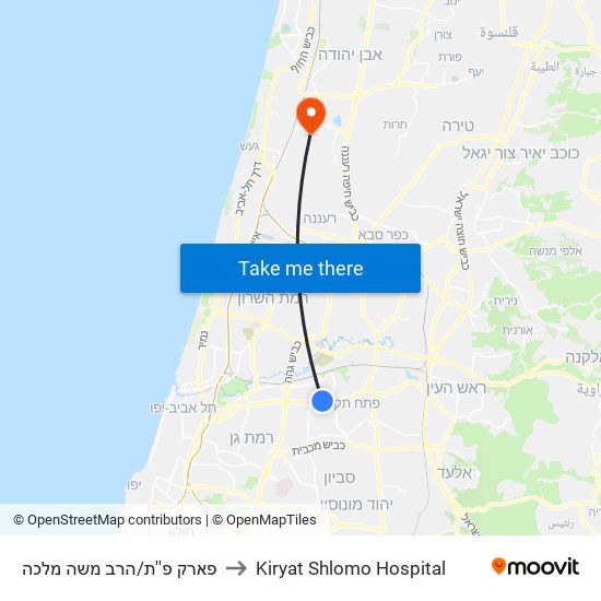 פארק פ''ת/הרב משה מלכה to Kiryat Shlomo Hospital map