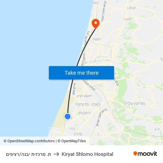 ת. מרכזית יבנה/רציפים to Kiryat Shlomo Hospital map