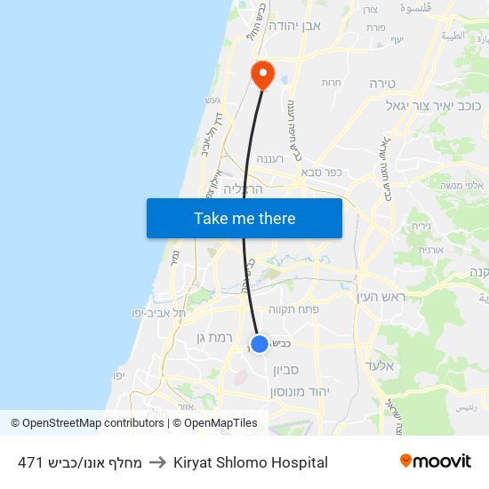 מחלף אונו/כביש 471 to Kiryat Shlomo Hospital map