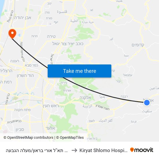 דרך תא''ל אורי בראון/מעלה הגבעה to Kiryat Shlomo Hospital map