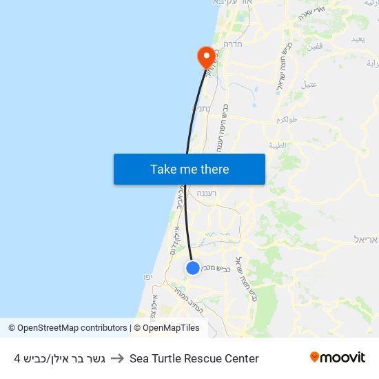 גשר בר אילן/כביש 4 to Sea Turtle Rescue Center map