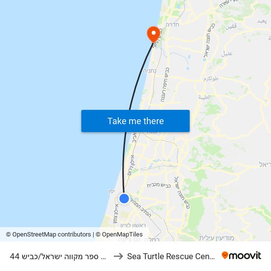 בית ספר מקווה ישראל/כביש 44 to Sea Turtle Rescue Center map