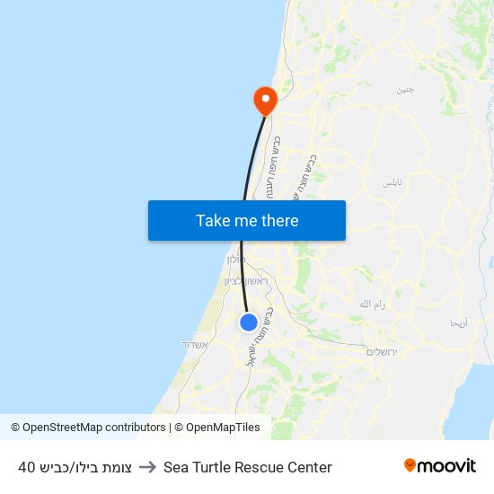 צומת בילו/כביש 40 to Sea Turtle Rescue Center map