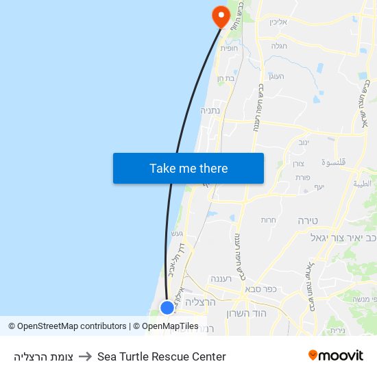 צומת הרצליה to Sea Turtle Rescue Center map