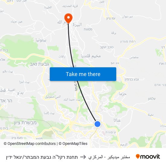 תחנת רקל''ה גבעת המבתר/יגאל ידין to مختبر ميديكير - المركزي map