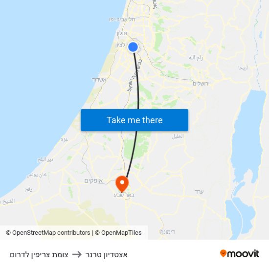 צומת צריפין לדרום to אצטדיון טרנר map