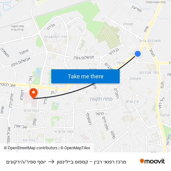 יוסף ספיר/הירקונים to מרכז רפואי רבין – קמפוס ביילינסון map