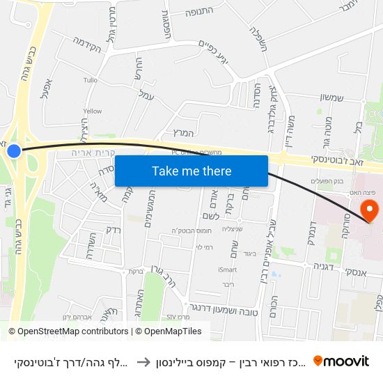 מחלף גהה/דרך ז'בוטינסקי to מרכז רפואי רבין – קמפוס ביילינסון map