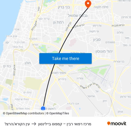 עין הקורא/הרצל to מרכז רפואי רבין – קמפוס ביילינסון map