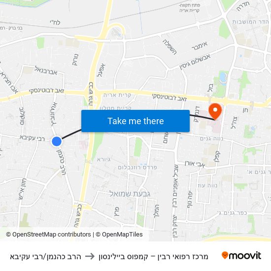 הרב כהנמן/רבי עקיבא to מרכז רפואי רבין – קמפוס ביילינסון map