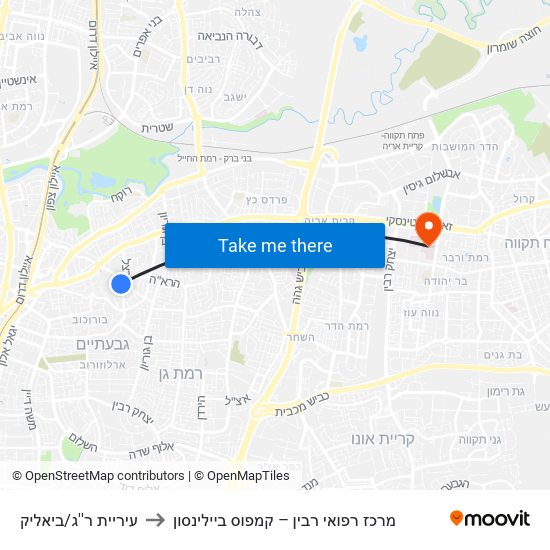 עיריית ר''ג/ביאליק to מרכז רפואי רבין – קמפוס ביילינסון map