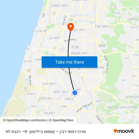 רכבת לוד to מרכז רפואי רבין – קמפוס ביילינסון map