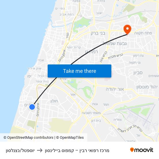 יוספטל/כצנלסון to מרכז רפואי רבין – קמפוס ביילינסון map