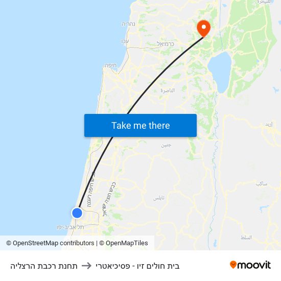 תחנת רכבת הרצליה to בית חולים זיו - פסיכיאטרי map