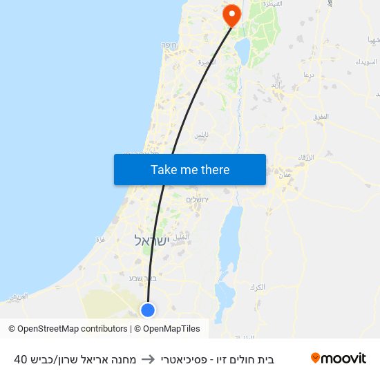 מחנה אריאל שרון/כביש 40 to בית חולים זיו - פסיכיאטרי map