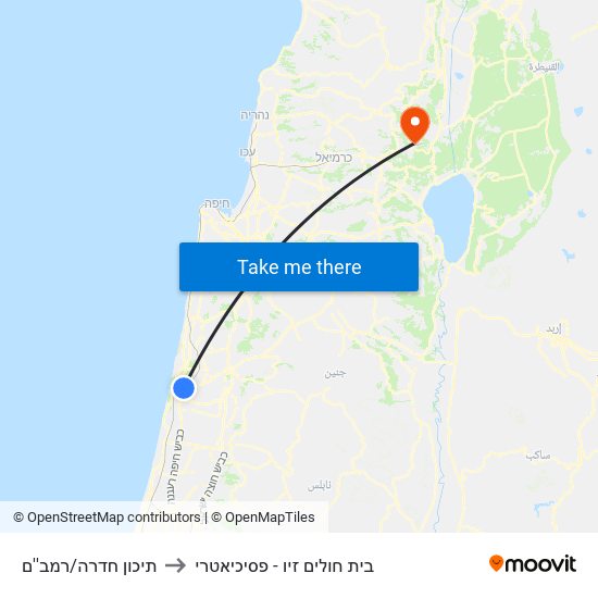 תיכון חדרה/רמב''ם to בית חולים זיו - פסיכיאטרי map