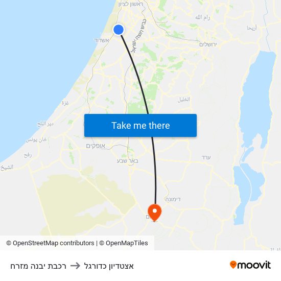 רכבת יבנה מזרח to אצטדיון כדורגל map