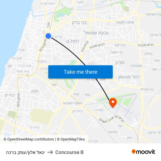 יגאל אלון/עמק ברכה to Concourse B map