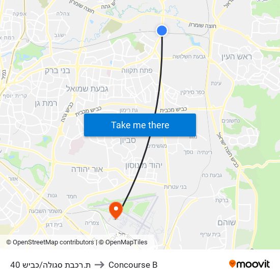 ת.רכבת סגולה/כביש 40 to Concourse B map