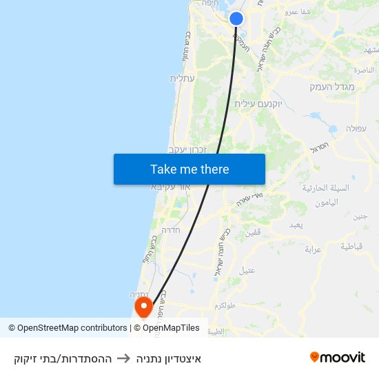 ההסתדרות/בתי זיקוק to איצטדיון נתניה map