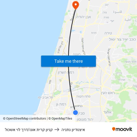 קניון קרית אונו/דרך לוי אשכול to איצטדיון נתניה map