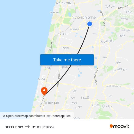 צומת כרכור to איצטדיון נתניה map