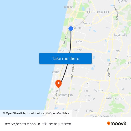 ת. רכבת חדרה/רציפים to איצטדיון נתניה map