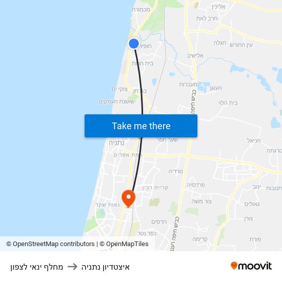 מחלף ינאי לצפון to איצטדיון נתניה map