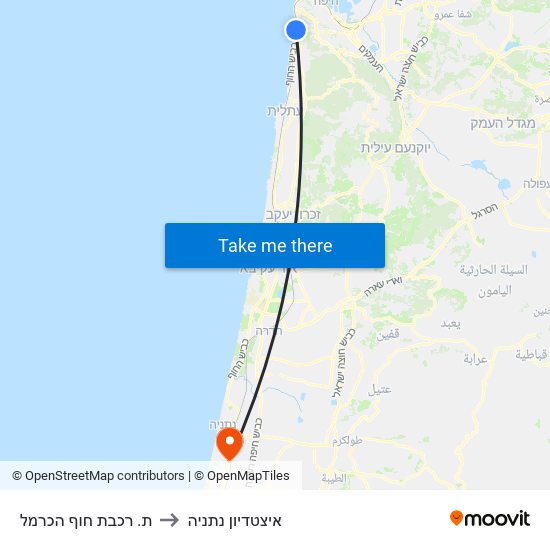 ת. רכבת חוף הכרמל to איצטדיון נתניה map