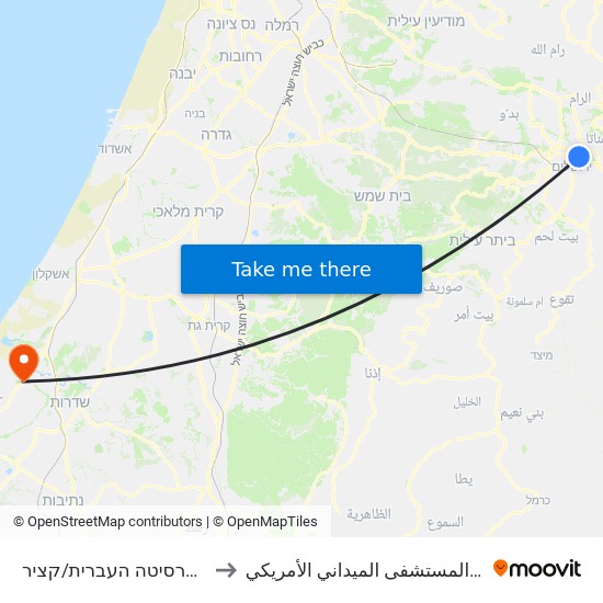 שדרות האוניברסיטה העברית/קציר to المستشفى الميداني الأمريكي ""Friend-Ships"" map