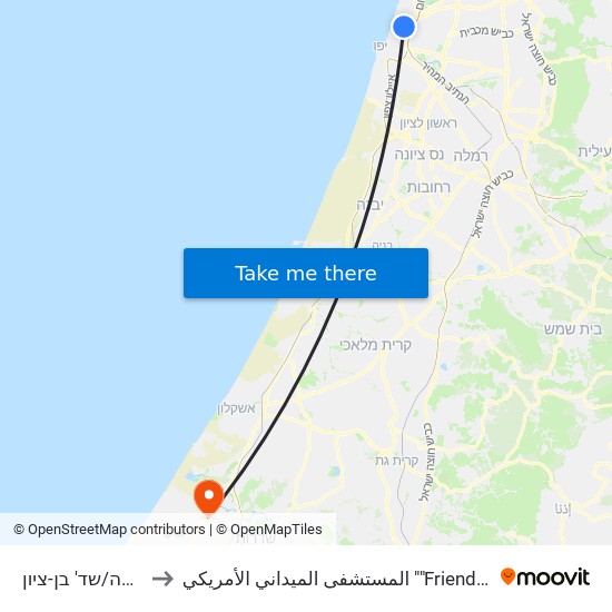 הבימה/שד' בן-ציון to المستشفى الميداني الأمريكي ""Friend-Ships"" map