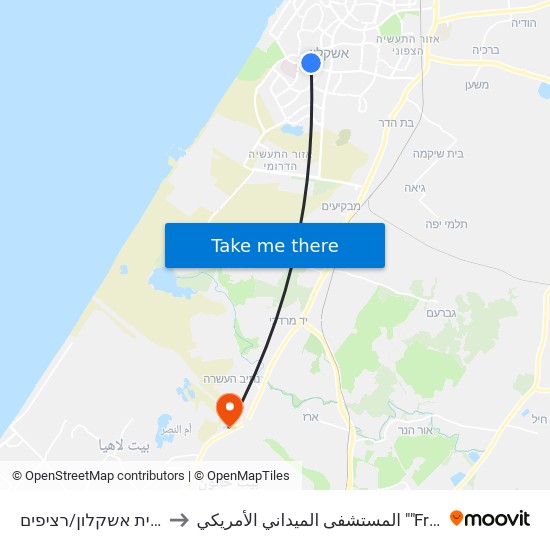 ת. מרכזית אשקלון רציפים/בינעירוני to المستشفى الميداني الأمريكي ""Friend-Ships"" map