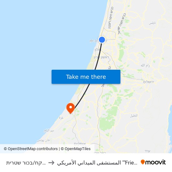 שד' רוקח/בכור שטרית to المستشفى الميداني الأمريكي ""Friend-Ships"" map