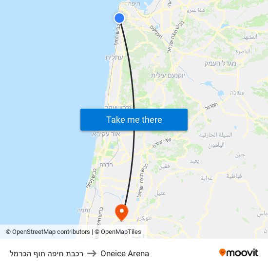 רכבת חיפה חוף הכרמל to Oneice Arena map