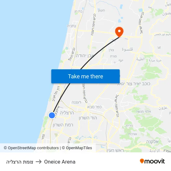 צומת הרצליה to Oneice Arena map