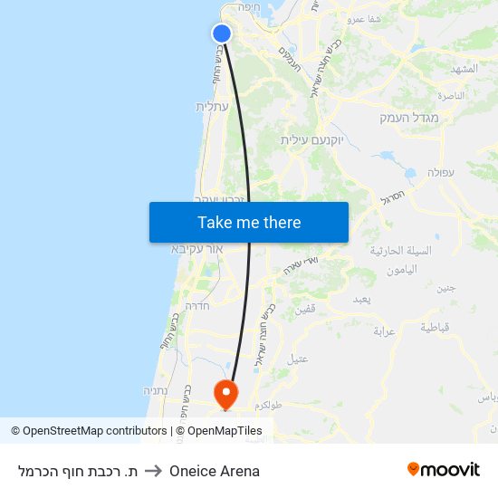 ת. רכבת חוף הכרמל to Oneice Arena map