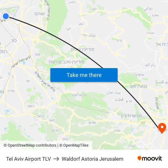 Tel Aviv Airport TLV to Waldorf Astoria Jerusalem map