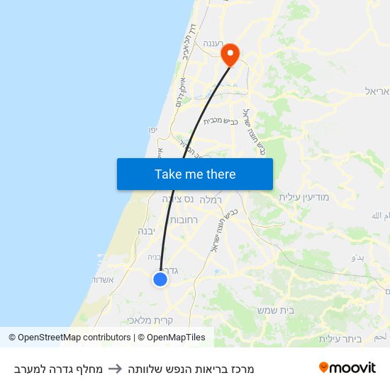 מחלף גדרה למערב to מרכז בריאות הנפש שלוותה map