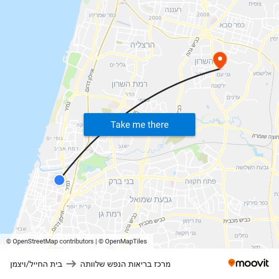 בית החייל/ויצמן to מרכז בריאות הנפש שלוותה map