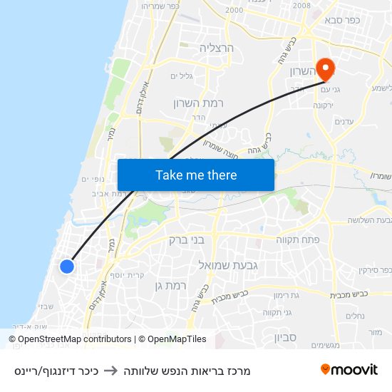 כיכר דיזנגוף/ריינס to מרכז בריאות הנפש שלוותה map