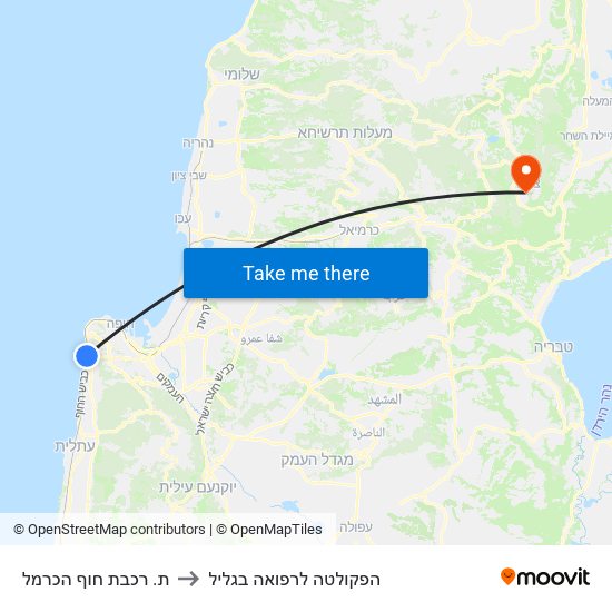 ת. רכבת חוף הכרמל to הפקולטה לרפואה בגליל map