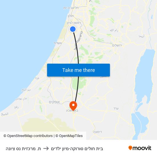 ת. מרכזית נס ציונה to בית חולים סורוקה-מיון ילדים map