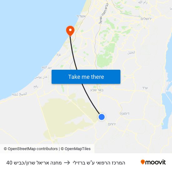 מחנה אריאל שרון/כביש 40 to המרכז הרפואי ע"ש ברזילי map