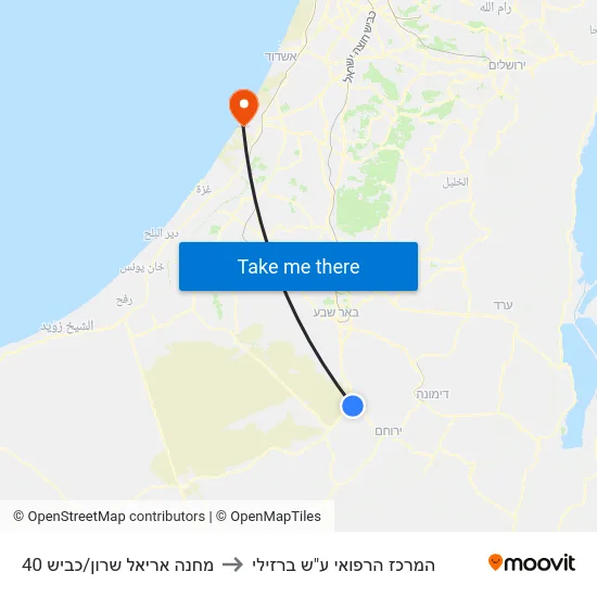 מחנה אריאל שרון/כביש 40 to המרכז הרפואי ע"ש ברזילי map